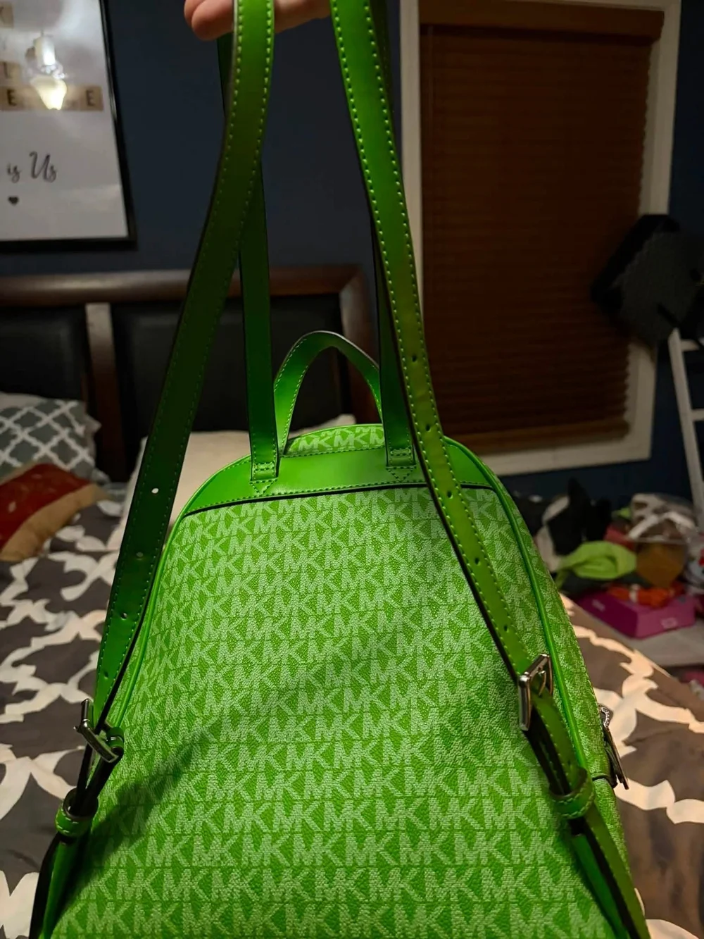 Michael Kors Green MK Monogram Backpack with Silver Accents